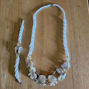 Shell Bead Crystal Combo Necklace and bracelet Tan White Jewelry